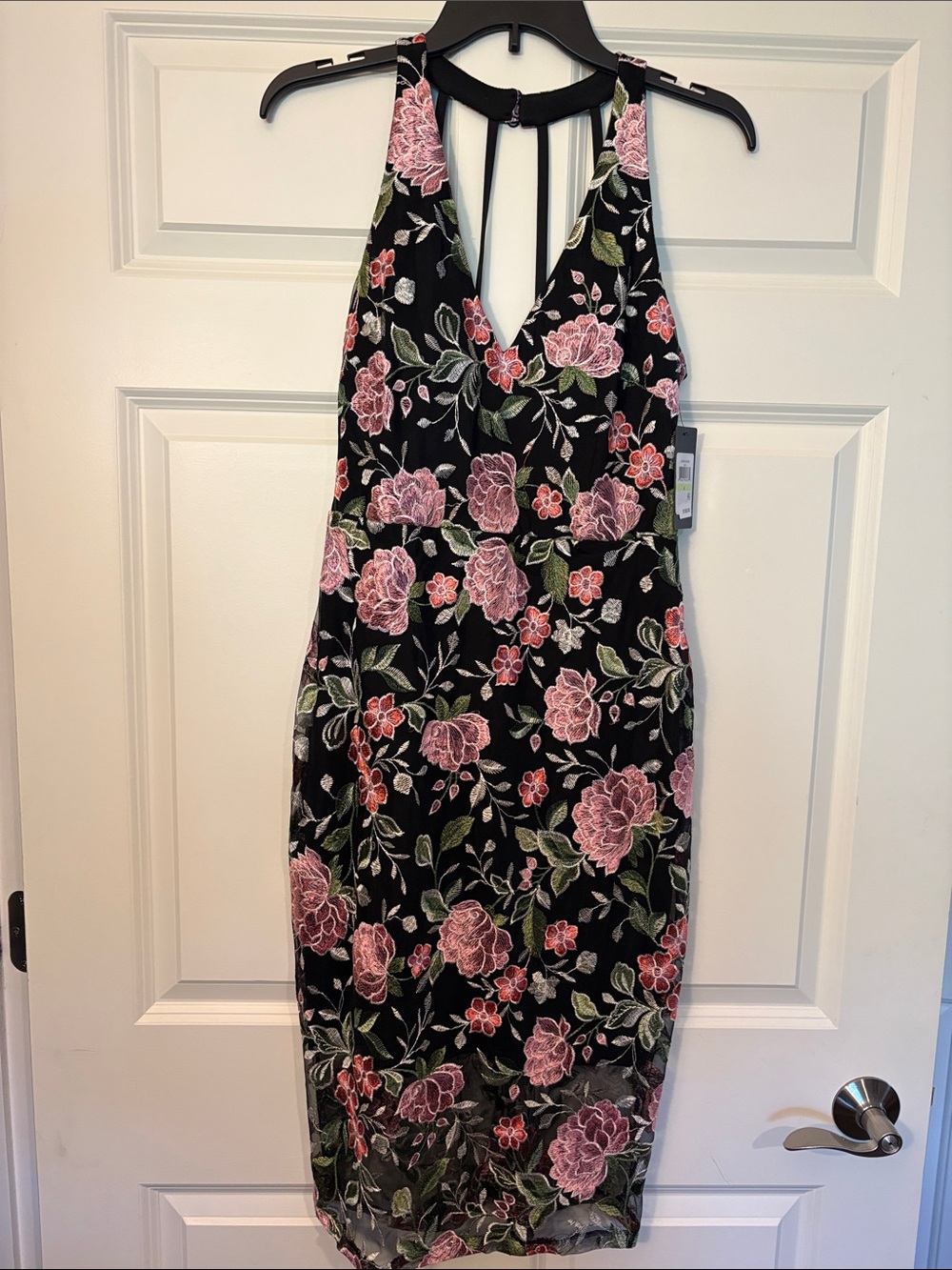 Floral Embroidered Black Halter Midi Dress with Pink Blossoms